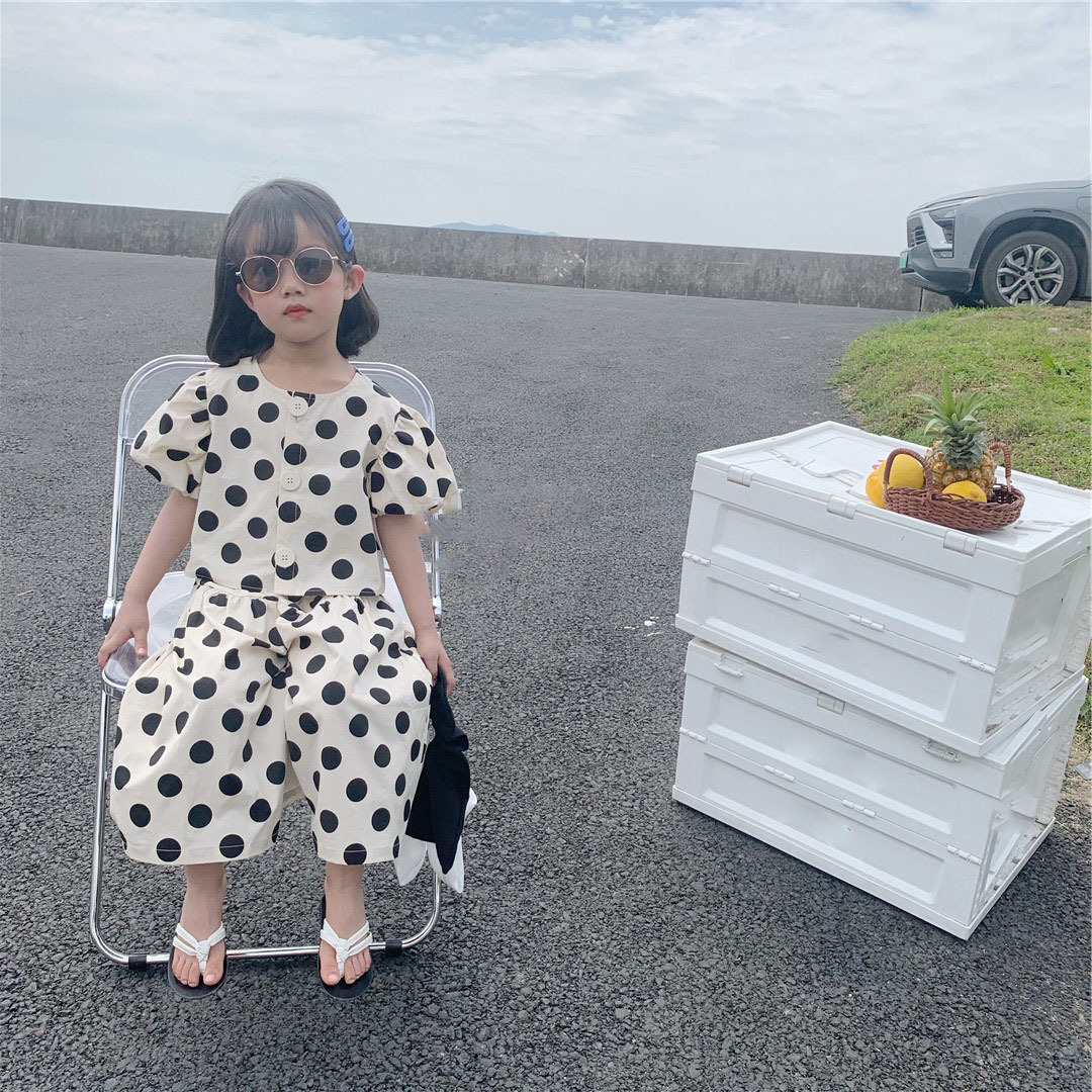 Clothing Sets Summer Girls Fashion Single breasted Polka Dot Shirt Top Culottes Baby Kids Clothes Suit Children 230504