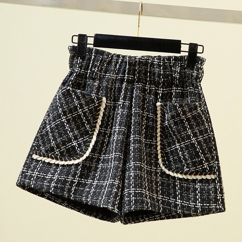 Women's Shorts Autumn Winter Women Shorts Wide Leg High Waist Female Fashionable Woolen Tweed Checkered Ladies Shorts Trousers Q31 230504