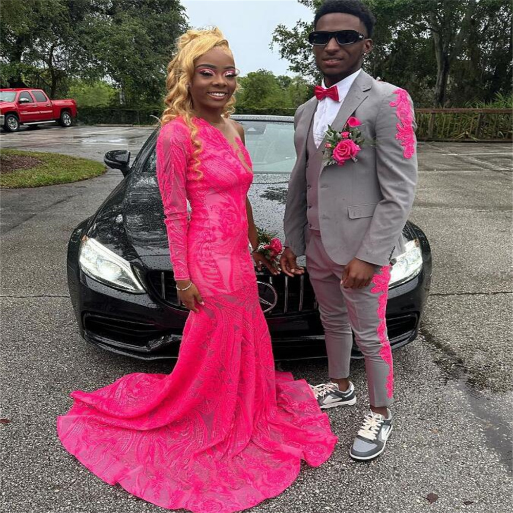 Hot Pink One Shoulder Evening Dress Long Sleeve Mermaid Sequin Prom Gowns For Black Girls Elegant Formal Occasion Birthday Wear Vestidos De Fiesta Noc