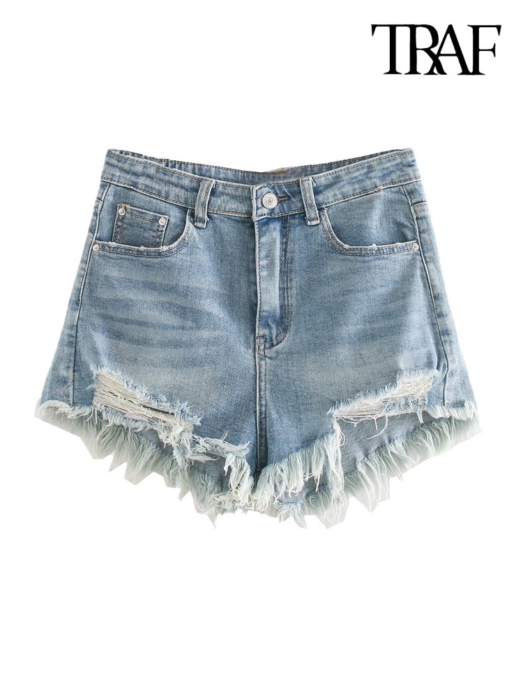 Women's Shorts TRAF Women Fashion Front Pockets Frayed Hems Denim Shorts Vintage High Waist Zipper Fly Female Short Pants Mujer 230504