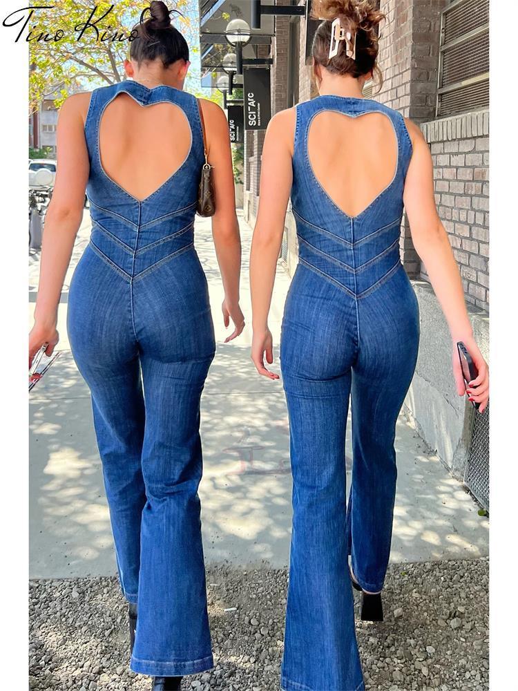 Women's Jumpsuits Rompers Blue Backless Heart Cutout Bodycon Jumpsuit For Women Summer Sleeveless Slim Outfits Retro Denim Jumpsuits 230503