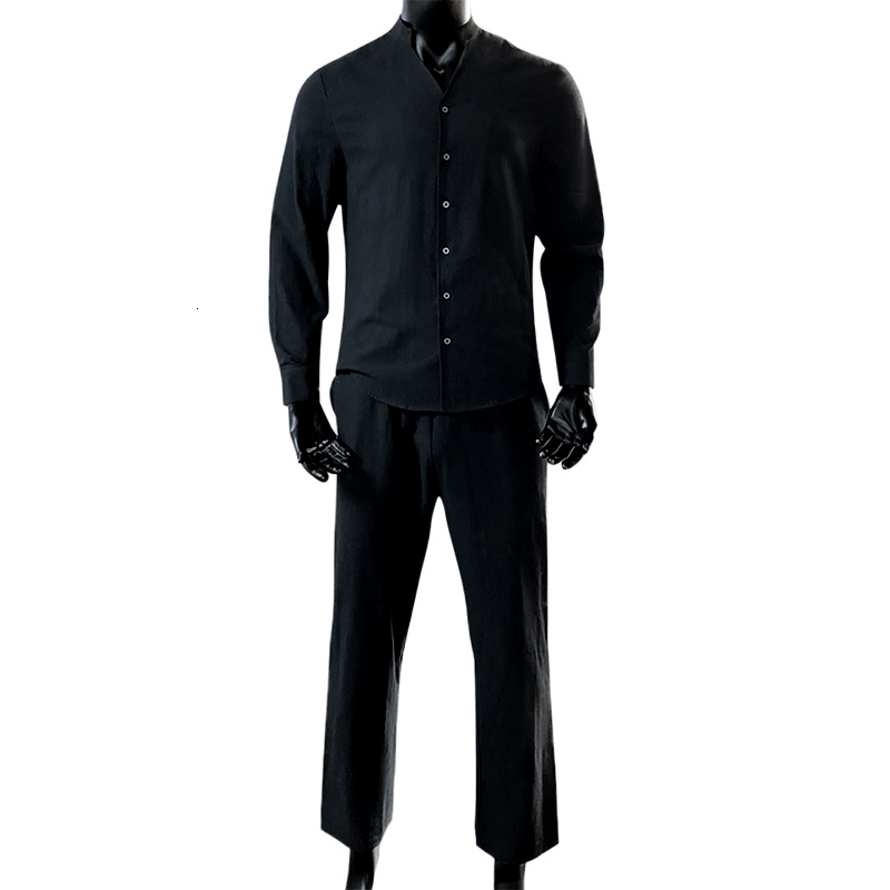 Mens Tracksuits Streetwear Fashion Cotton Linen Two Piece Sets Spring Summer Buttoned Stand Collar Shirt And Pants Suits Solid Clothing 230504
