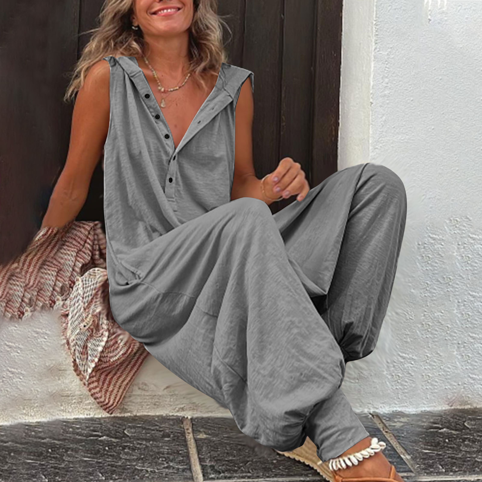 Women's Jumpsuits Rompers Vintage Button Jumpsuit Summer Women Causal Beach Cross-pants Playsuit Fashion Loose Solid Sleeveless Hooded Romper Str
