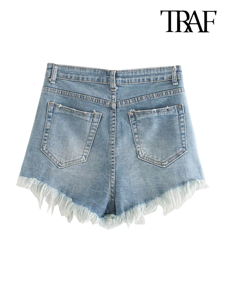 Women's Shorts TRAF Women Fashion Front Pockets Frayed Hems Denim Shorts Vintage High Waist Zipper Fly Female Short Pants Mujer 230504