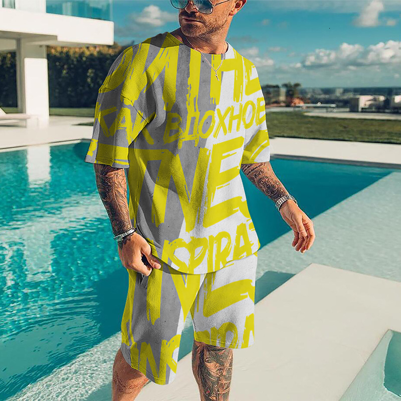 Mens Tracksuits Summer Tracksuit 2Piece Set Hip Hop Round Neck Letter Printing TShirts Sets Casual Short Sleeve Streetwear Fashion Men Clothing 230504