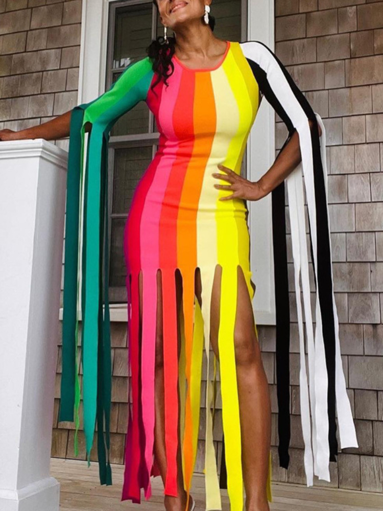Casual Dresses Trendy Summer Rainbow Printed Strap Tassel Skinny Dress Women ONeck Half Sleeve Mini Causal High Street Party Clubwear 230504