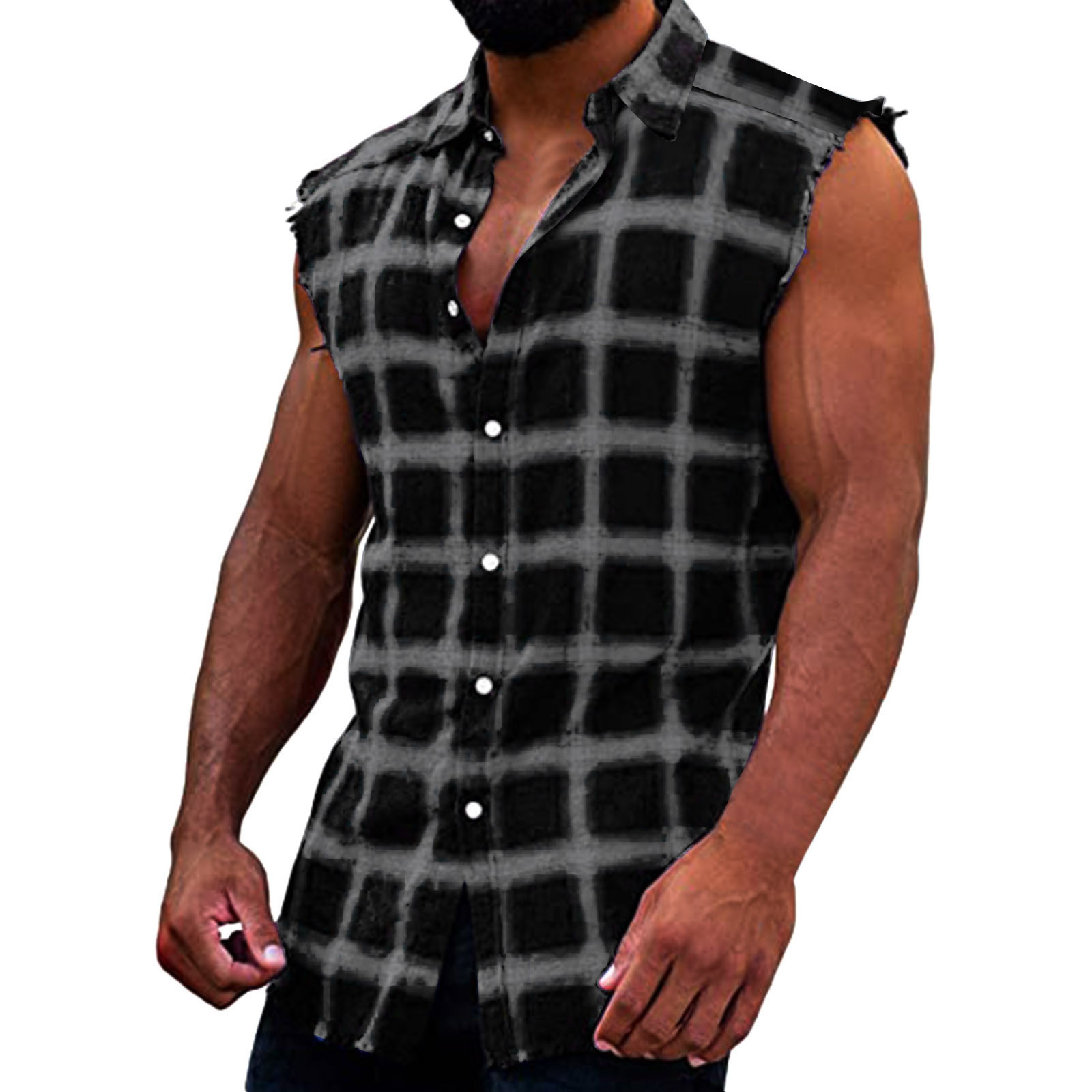 Mens Tank Tops Summer Fashion Casual Plaid Print Sleeveless T Shirt Vest Buckle Sanding Korean Style Beach 230504