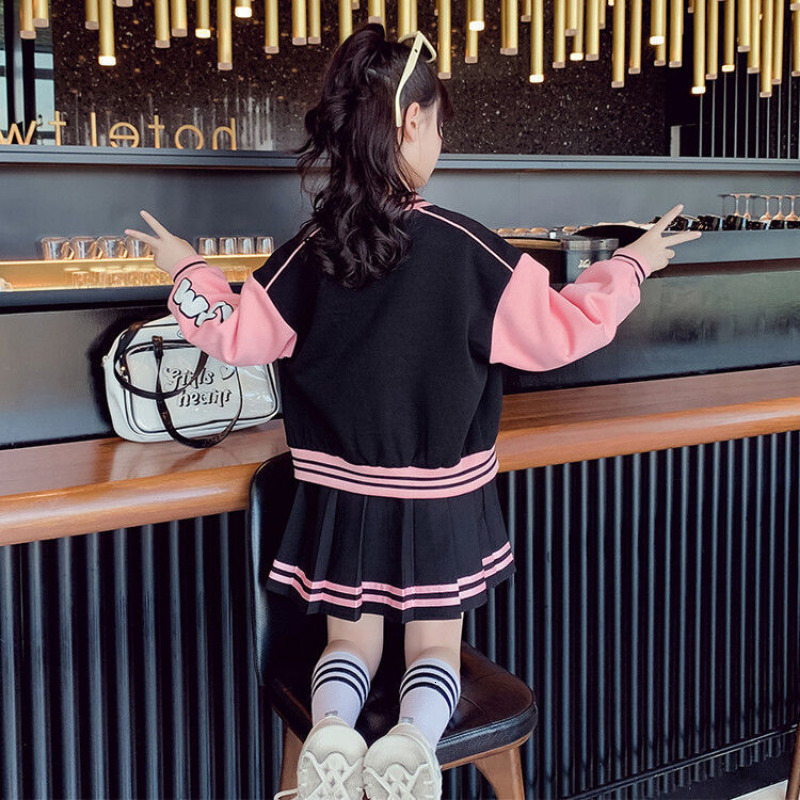 Clothing Sets Teen Girls Autumn Suit Baseball Uniform Spring Fashion Letter Print Patchwork Jacket Coat Pleated Skirt 2pcs JK Outfits 4 14 Y 230504