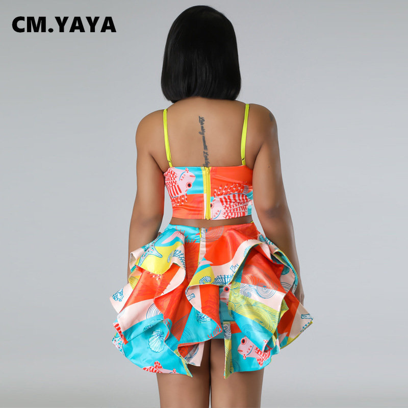 Women s Two Piece Pants CM YAYA Set Sequined Crop Top and Starfish Cascading Ruffles Skirt Shorts 2023 Beach Outfit 2 Tracksuit 230522