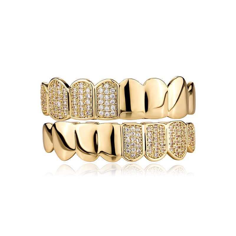 Hip Hop Up Bottom Teeth Grills Full Diamond Double Pin Big Cubic Zirconia Iced Out Vampire Fang Fake Braces Tooth Grillz Halloween Mouth 14k Real Gold