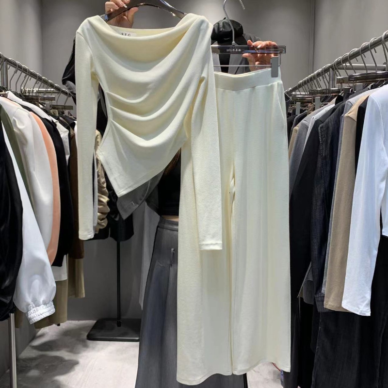 Womens Two Piece Pants Slim Spring Solid Irregular Tshirts Women Crop Tops Tees Full Tshirt High Waist Loose Straight Casual Sets 2 230504