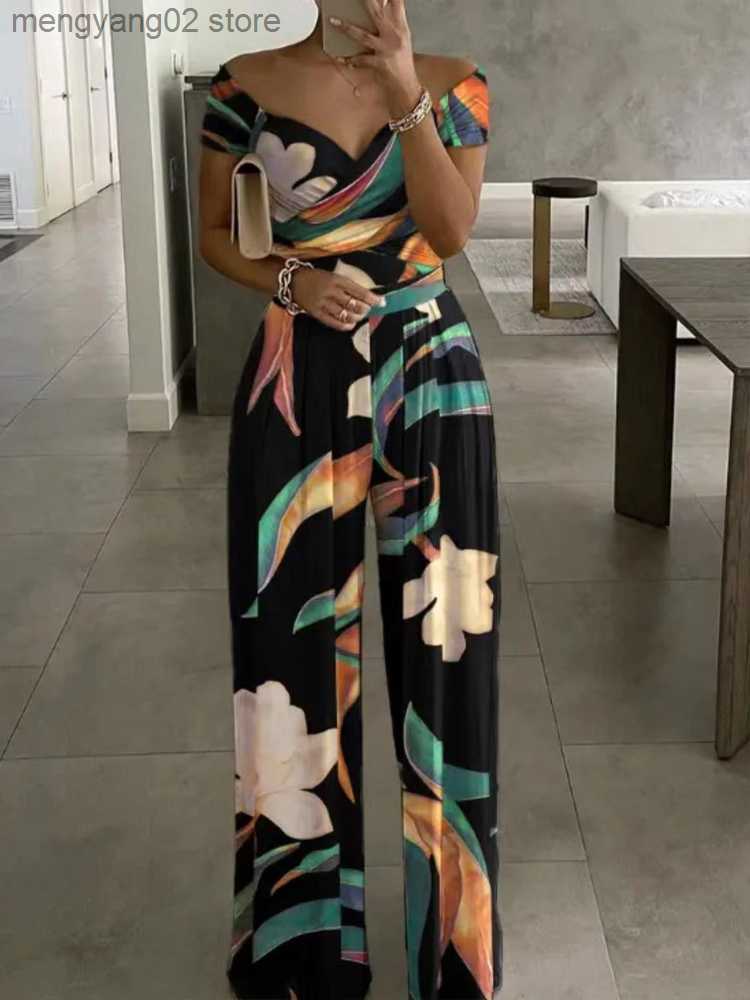 Women's Jumpsuits Rompers Floral Print Jumpsuit Summer Chic Women Straight Party Overalls Y2k Club Romper Elegant Off Shoulder Sleeveless Party J