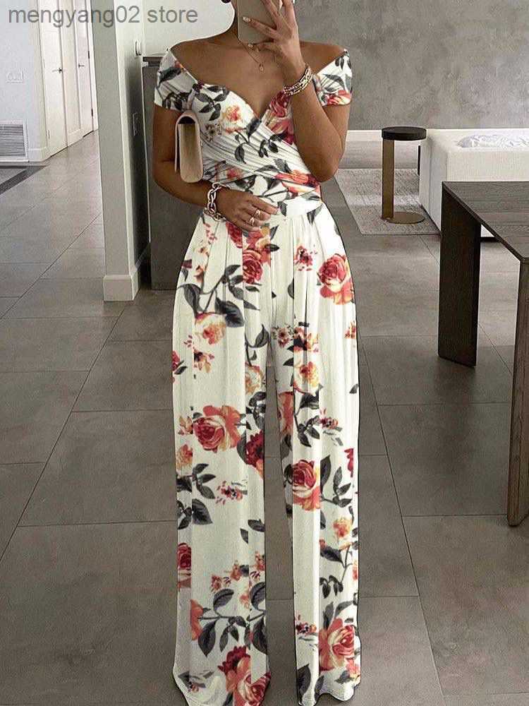 Women's Jumpsuits Rompers Floral Print Jumpsuit Summer Chic Women Straight Party Overalls Y2k Club Romper Elegant Off Shoulder Sleeveless Party J