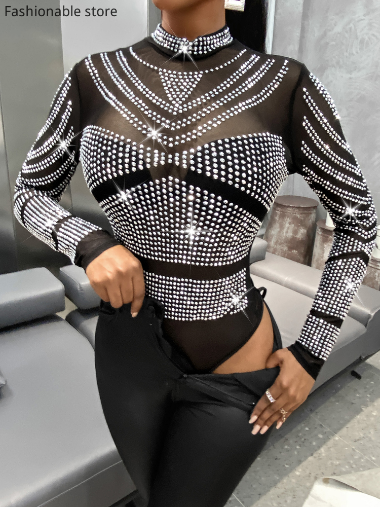 Women's Jumpsuits Rompers Sexy Glitter Shiny Bodycon Bodysuit Long Sleeve See Through Transparent Jumpsuit 230503