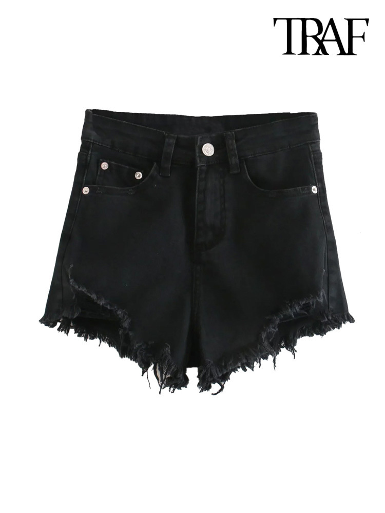 Women's Shorts TRAF Women Fashion Front Pockets Frayed Hems Denim Shorts Vintage High Waist Zipper Fly Female Short Pants Mujer 230504