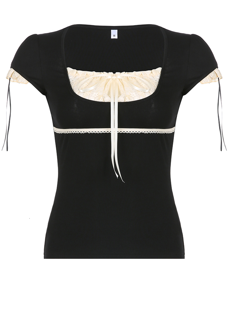 Womens TShirt Rapcopter y2k Lace Trim Crop Top Bow Cute Sweet Tee Short Sleeve Harajuku Casual T Shirt Women Prepply Retro Korean Top Summer 230503