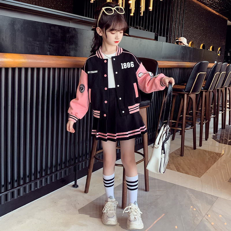 Clothing Sets Teen Girls Autumn Suit Baseball Uniform Spring Fashion Letter Print Patchwork Jacket Coat Pleated Skirt 2pcs JK Outfits 4 14 Y 230504