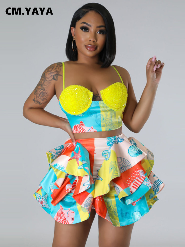 Women s Two Piece Pants CM YAYA Set Sequined Crop Top and Starfish Cascading Ruffles Skirt Shorts 2023 Beach Outfit 2 Tracksuit 230522