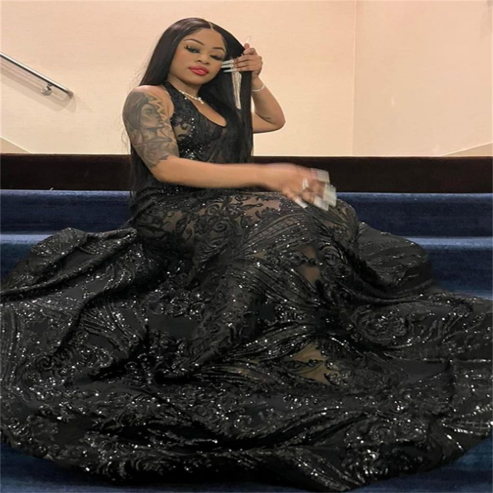 Sparkle Sequin Black Evening Dress Sexy V Neck Plus Size Black Girls Prom Gowns 2023 Elegant Formal Birthday Women Party Wear Vestidos De Fiesta Noche