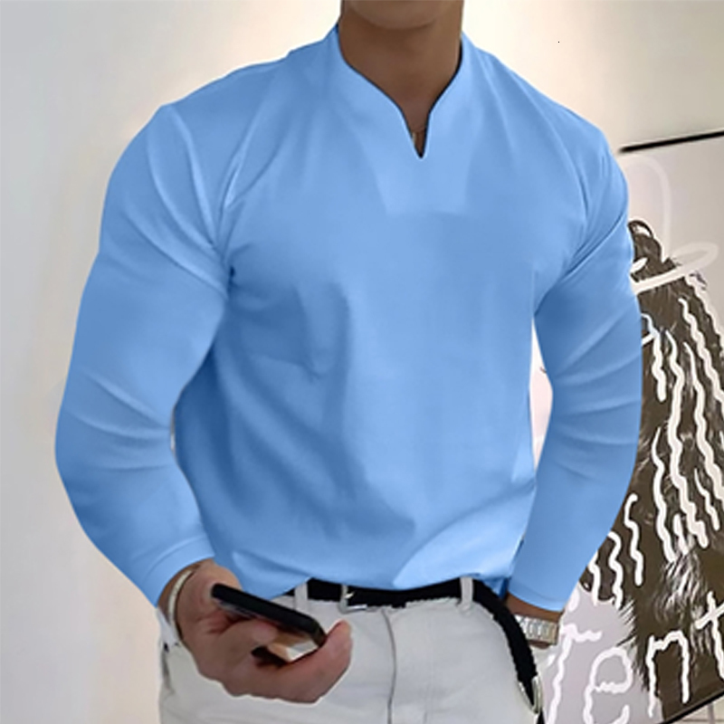 Men's T-Shirts Men's Long Sleeve V-neck Solid Color T-shirt Elastic and Comfortable Loose Sports Shirt Polo Shirt Everyday Casual Wear S-2XL