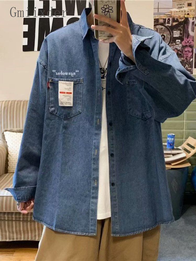 Men's Casual Shirts Gmiixder Denim Shirt Men's Long-sleeved Korean Trend High-end Tooling Shirt Hong Kong Style Japan Spring Autumn Casual J