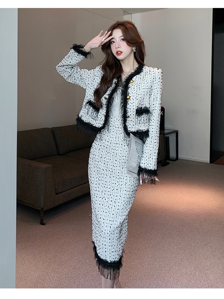 Two Piece Dress Chic Plaid Tweed 2 Piece Sets Women Winter Fashion Tassel Long Sleeve CoatHigh Waist Midi Long Skirt Suits Female Sets 230504