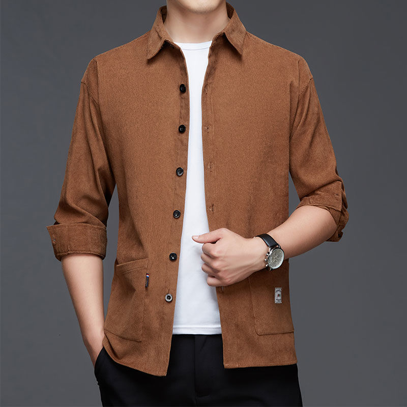 Men's Casual Shirts Stylish Solid Color Lapel Button Spliced Pockets Shirt Men's Clothing Autumn Oversized Casual Tops Loose Korean Shirts 2