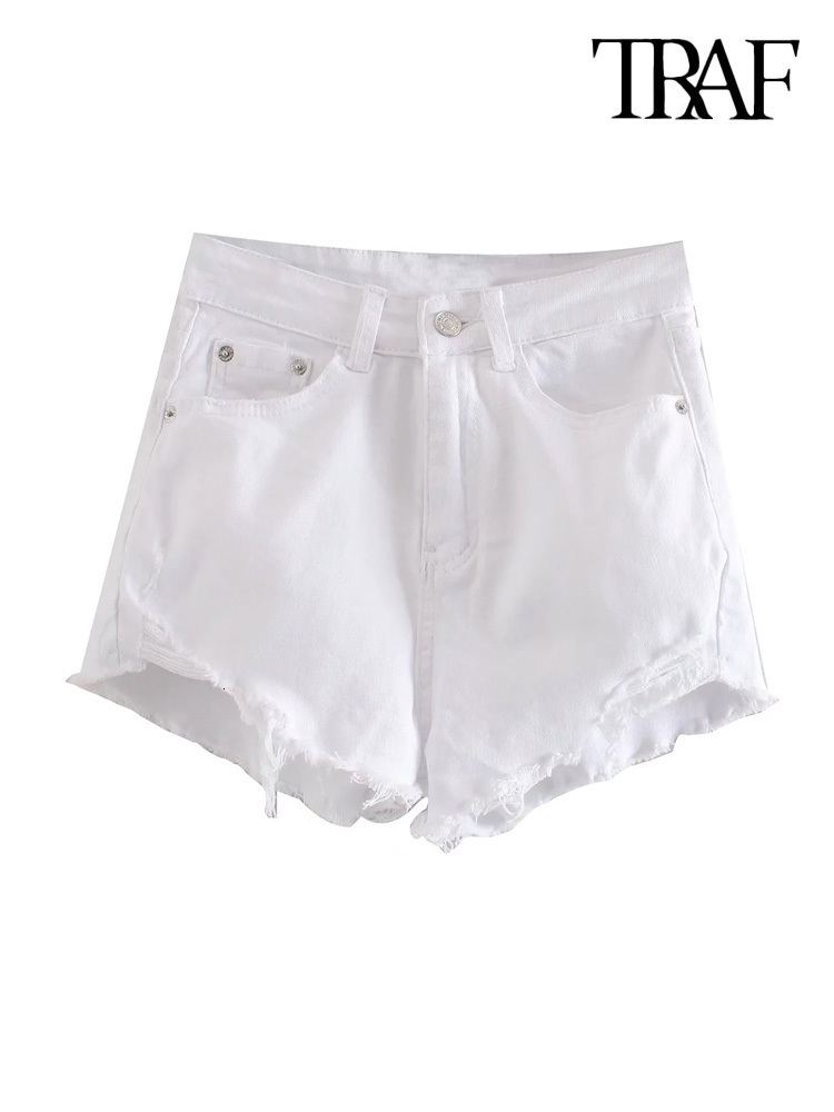 Women's Shorts TRAF Women Fashion Front Pockets Frayed Hems Denim Shorts Vintage High Waist Zipper Fly Female Short Pants Mujer 230504