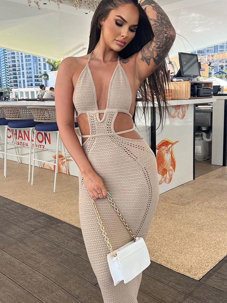 Casual Dresses Hollow Out Halter Knitted Maxi Dress Sexy Solid Lace Up Backless Sleeveless Bodycon Female Elegant Beach Vestidos 230504