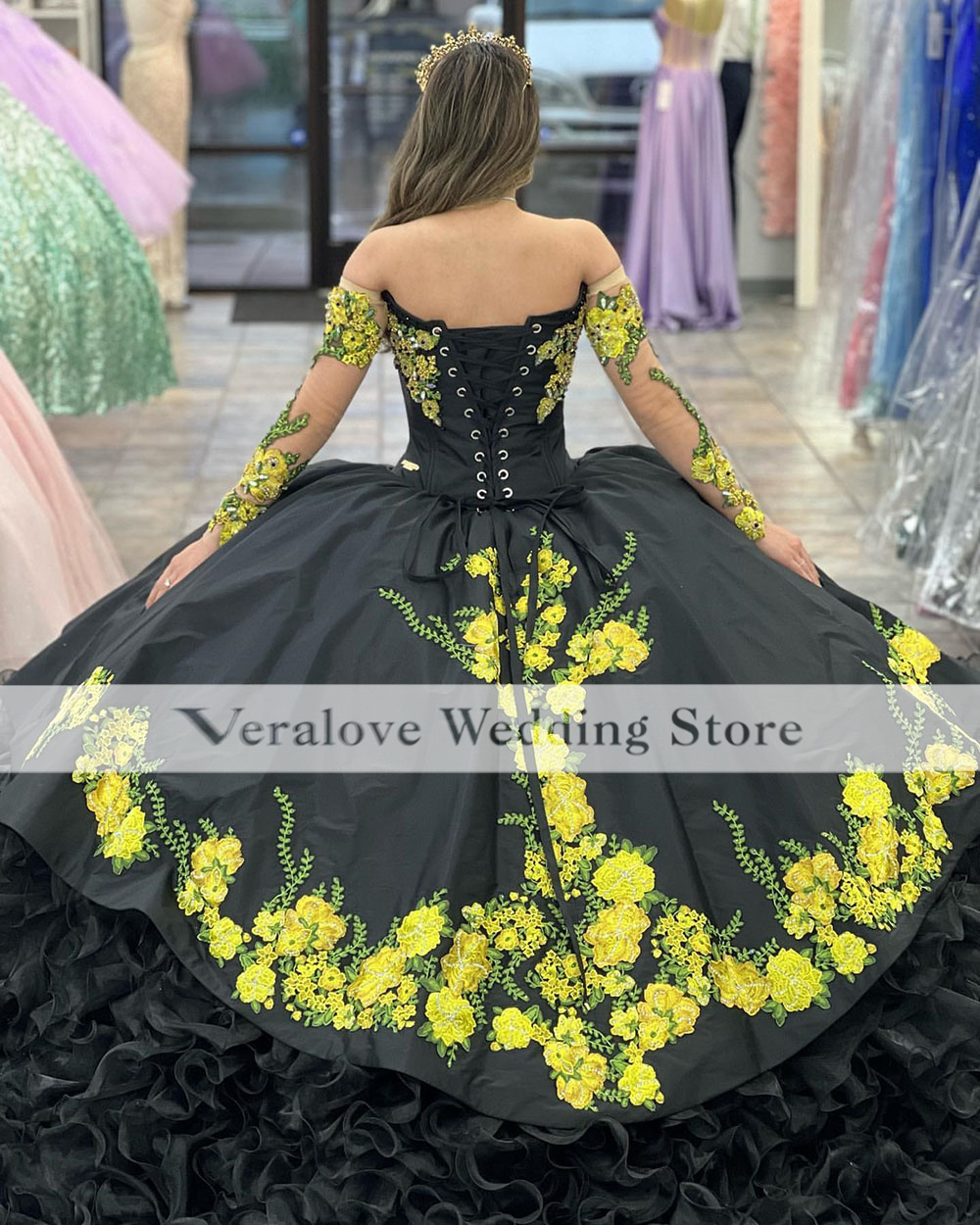 2023 Black Ball Gown Sweet 16 Quinceanera Dresses Off Shoulder Ruffle Crystal Embroidery Lace Mexican Vestidos De 15 Party Wear