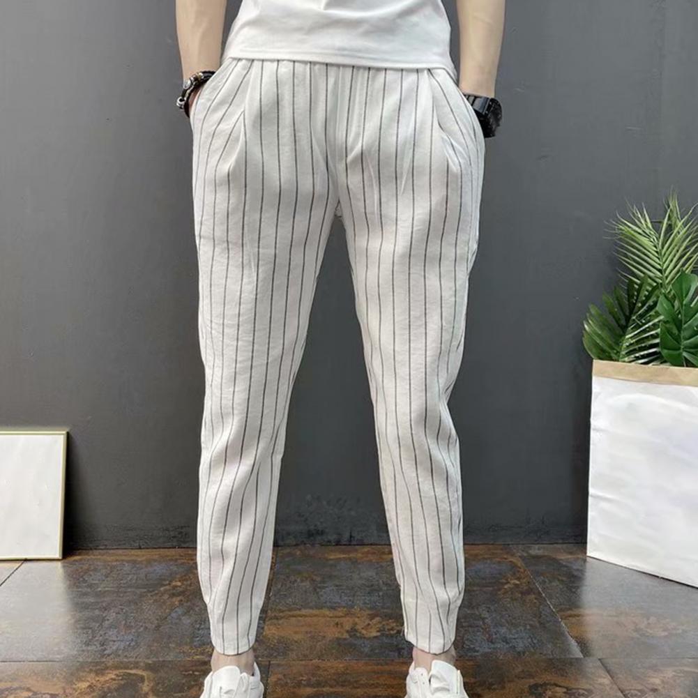 Men's Pants Men Harem Pants Striped Drawstring Pencil Trousers Slim Fit Elastic Waist Trousers Stretch Ankle Tied Pencil Pants For Autumn 230504