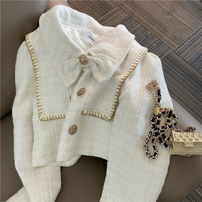 Two Piece Dress Short Lapel Double-breasted Tweed Jacket Bow Wool Coat Mini Plaid Skirt Sets Autumn Korea Temperament White Outfits 230504