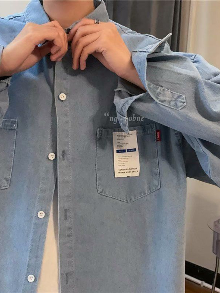 Men's Casual Shirts Gmiixder Denim Shirt Men's Long-sleeved Korean Trend High-end Tooling Shirt Hong Kong Style Japan Spring Autumn Casual J