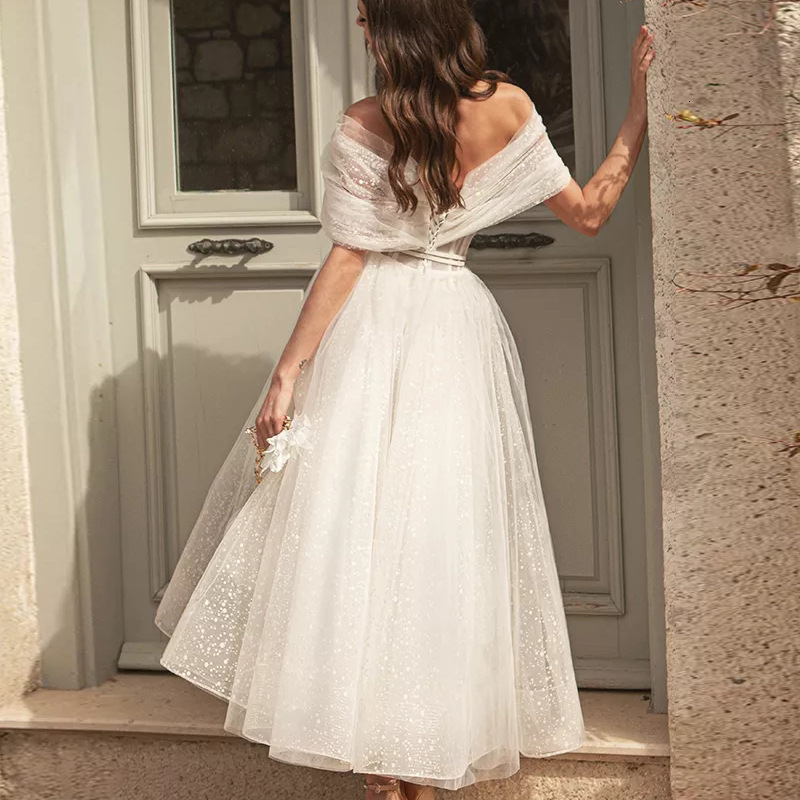 Party Dresses Elegant Women Midi Prom Dress Princess Off The Shoulder Tulle Party Skirts Criss-cross Neck Sparkle Bridesmaid Wedding Dresses 230504