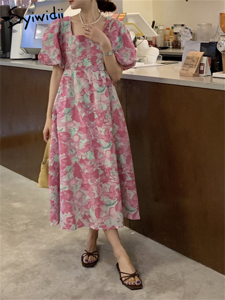 Casual Dresses Syiwidii Fashion Print for Women Short Sleeve Square Collar High Waisted French Style Elegant A Line Summer Midi 230504