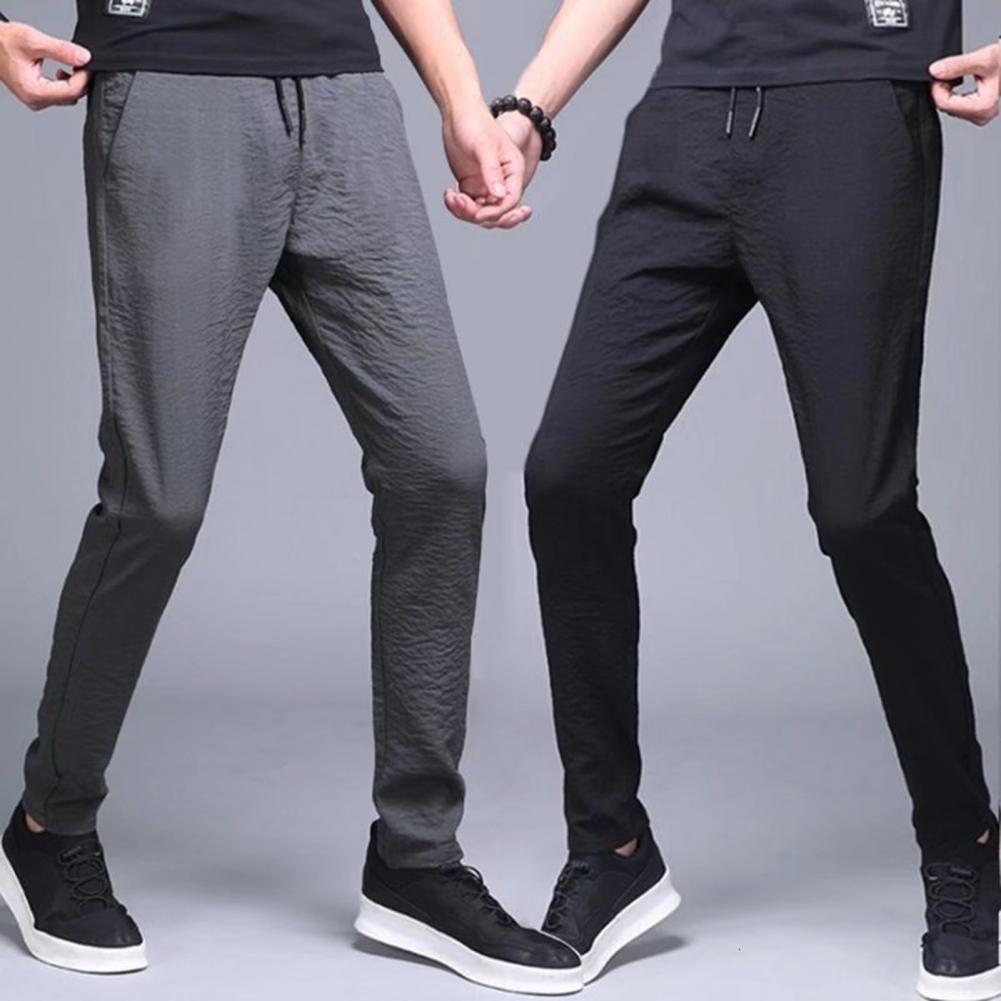 Men's Pants Summer Men Leggings Solid Color Elastic Waist Drawstring Pockets Lace-up Straight Sweatpants Streetwear 230504