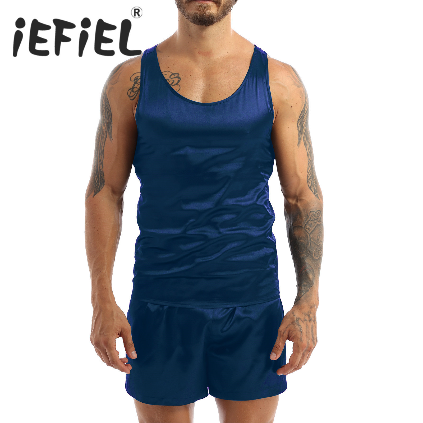 Men's Sleepwear Mens Satin Pajamas Nightwear Sleeveless Tank Top Shorts Sleepwear Nightclothes Summer Nightgown Loungewear for Underwear Sets 230