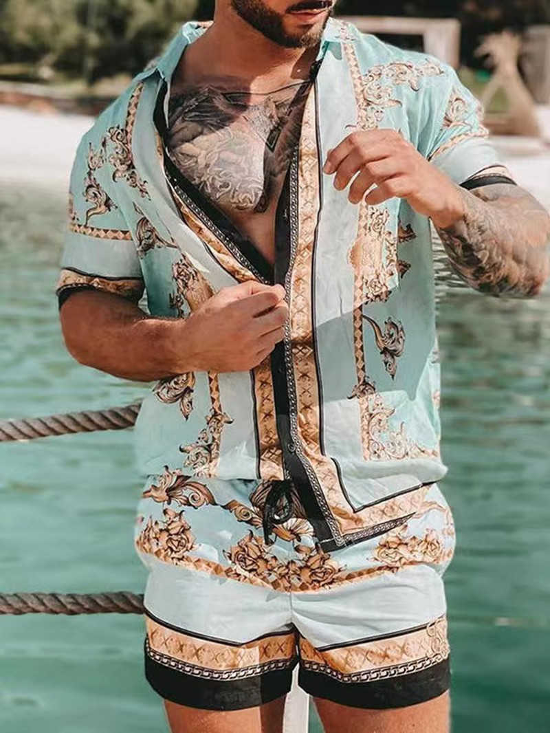 Men's Casual Shirts New men's printed Haiian Suit 2023 Summer Short sleeve button up shirt Beach Shorts Street Casual men's suit 2pcs J