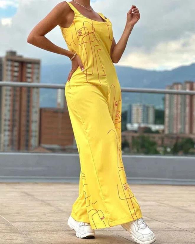 Women's Jumpsuits Rompers Women Jumpsuit Spring Fashion Figure Print Thick Strap Casual U-Neck Sleeveless Wide Leg Daily Long Jumpsuit Y2K Street