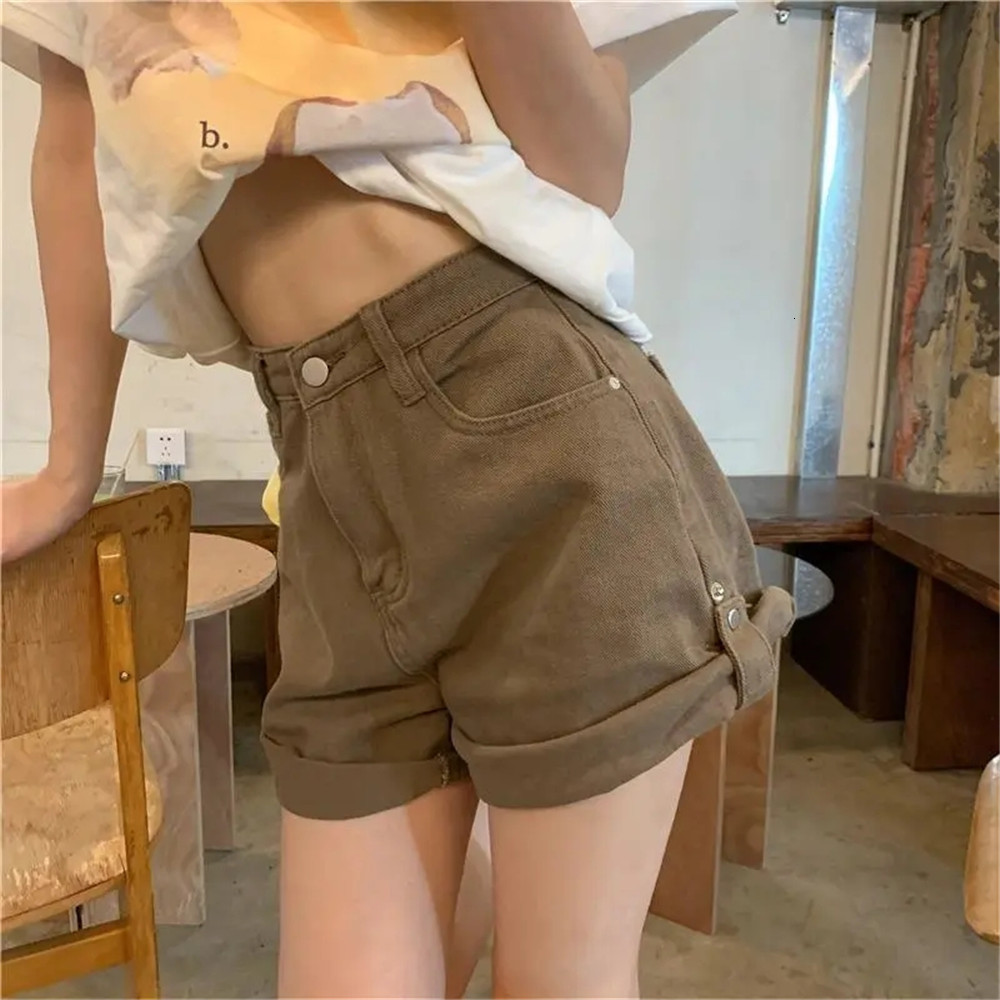 Women's Shorts Brown Rolled Wide-Leg Denim Shorts Women Korean Retro High Waist Casual Jeans Pants Korean Summer Loose A Line Shorts Femme 230504