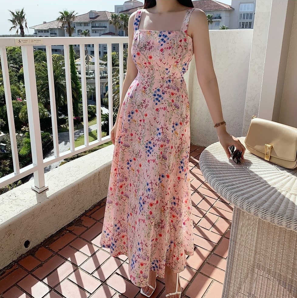 Casual Dresses Sweet Romantic Print Chiffon Womens Light Summer Daily Korean Pink Long Elegant Beach White 230504