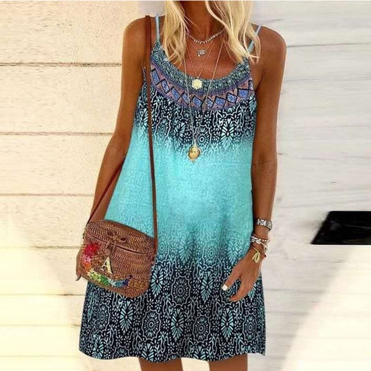 Prom dress for woman Women Summer Spaghetti Strap O-Neck A-Line Mini Swing Dress Boho Vintage Colorful Floral Print Loose Beach Cami Sundress