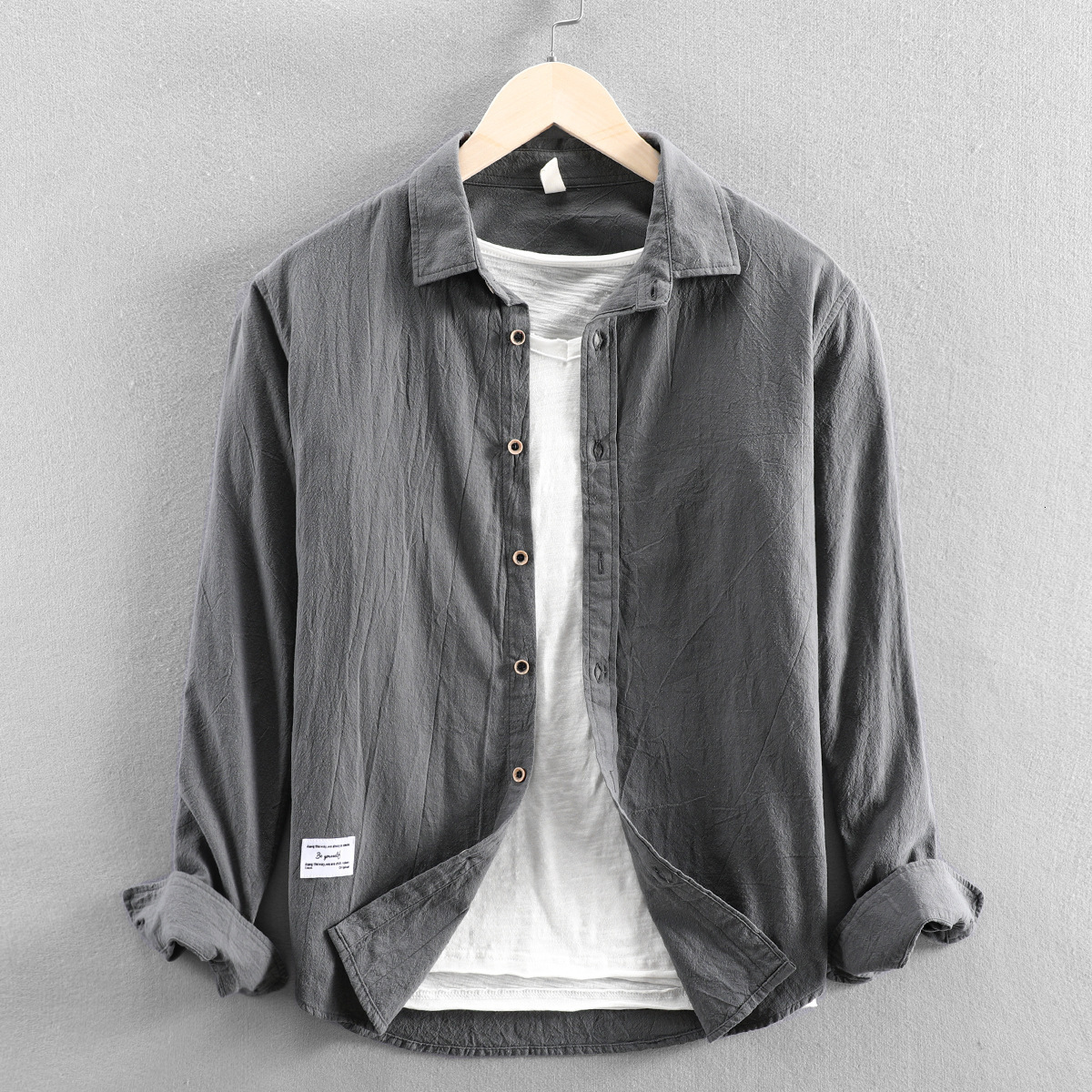 Men's Casual Shirts 100% Cotton Spring Fall Fashion Premium Long Sleeve Casual Shirt Men's Solid Simple Vintage Loose Versatile Lapel Blouse