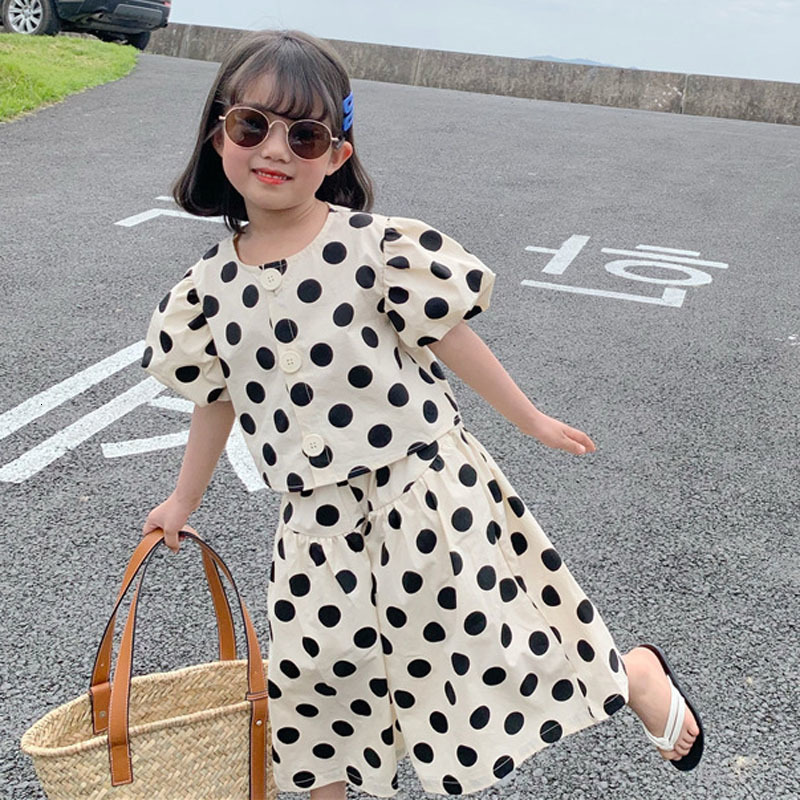 Clothing Sets Summer Girls Fashion Single breasted Polka Dot Shirt Top Culottes Baby Kids Clothes Suit Children 230504