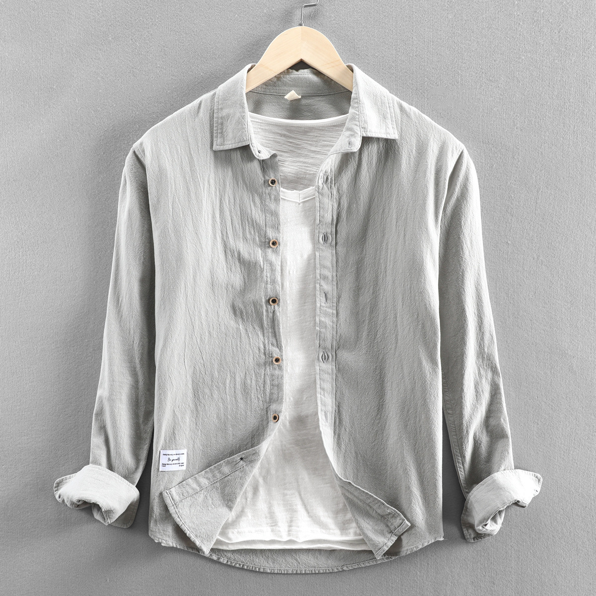Men's Casual Shirts 100% Cotton Spring Fall Fashion Premium Long Sleeve Casual Shirt Men's Solid Simple Vintage Loose Versatile Lapel Blouse