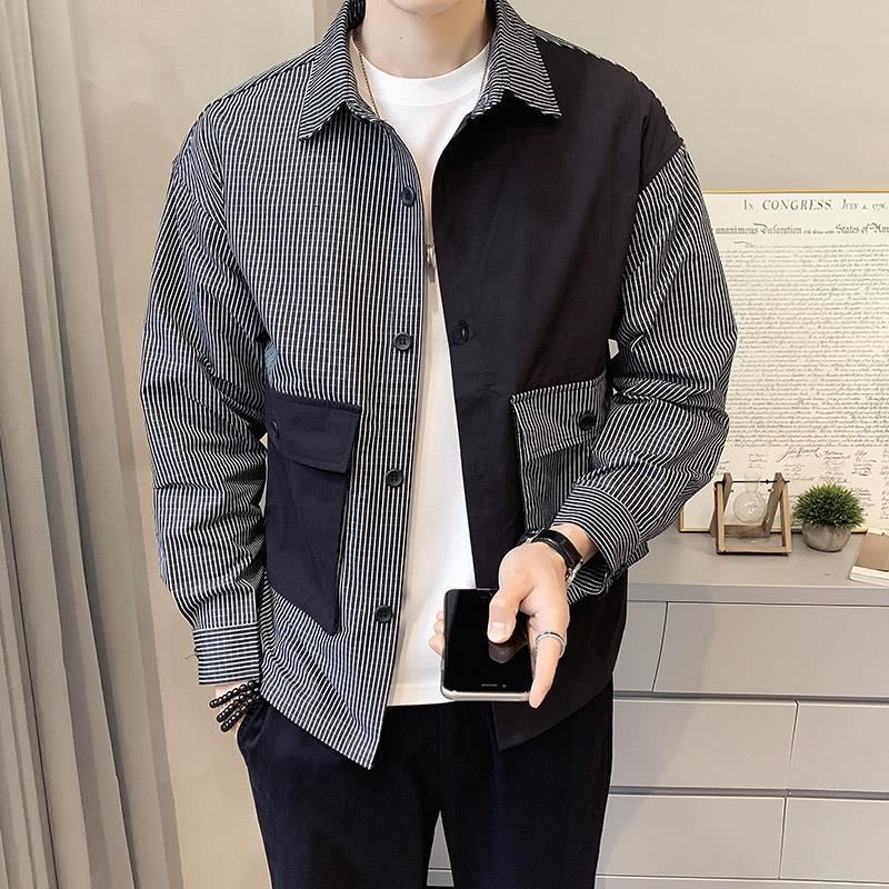Men's Casual Shirts Fashion Button Spliced Pockets Asymmetrical Striped Shirt Men's Clothing Autumn Oversized Casual Tops All-match Shirts 2