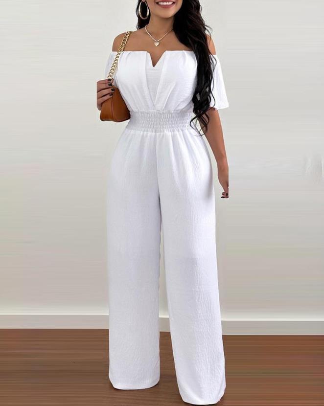 Women's Jumpsuits Rompers Jumpsuits for Women Spring Fashion Off Shoulder Casual Plain Short Sleeve Shirred Waist Daily Long Wide Leg Jumpsuit 23