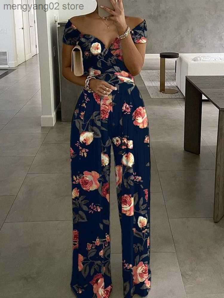 Women's Jumpsuits Rompers Floral Print Jumpsuit Summer Chic Women Straight Party Overalls Y2k Club Romper Elegant Off Shoulder Sleeveless Party J