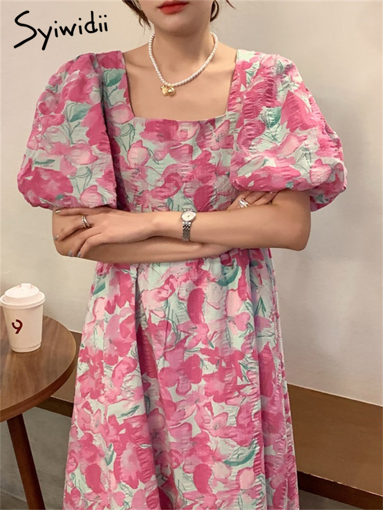 Casual Dresses Syiwidii Fashion Print for Women Short Sleeve Square Collar High Waisted French Style Elegant A Line Summer Midi 230504