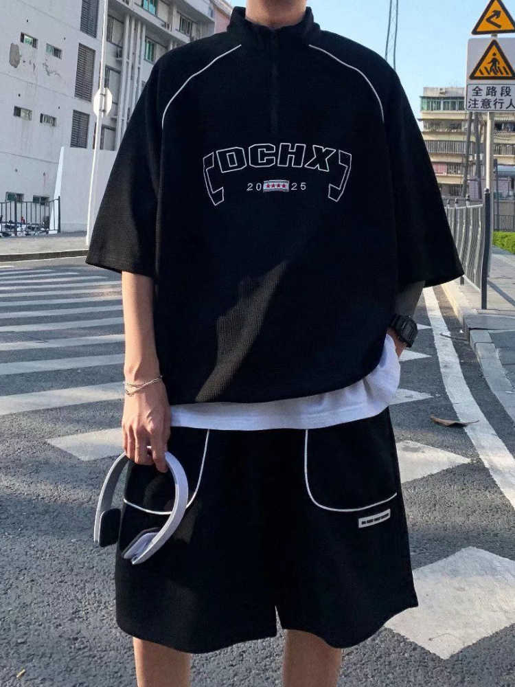 Men's Casual Shirts Waffle Casual Sports Suit Men's Korean Summer Hip Hop Trendy Handsome Shortsleeved Tshirt Shorts High Street Twopiece Su